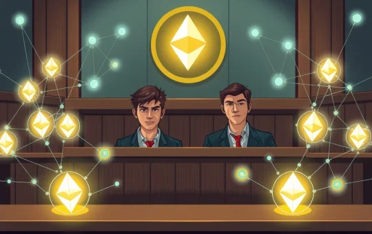 Courtroom scene illustrating the Ethereum MEV theft trial of the Peraire-Bueno brothers, highlighting blockchain security concerns.
