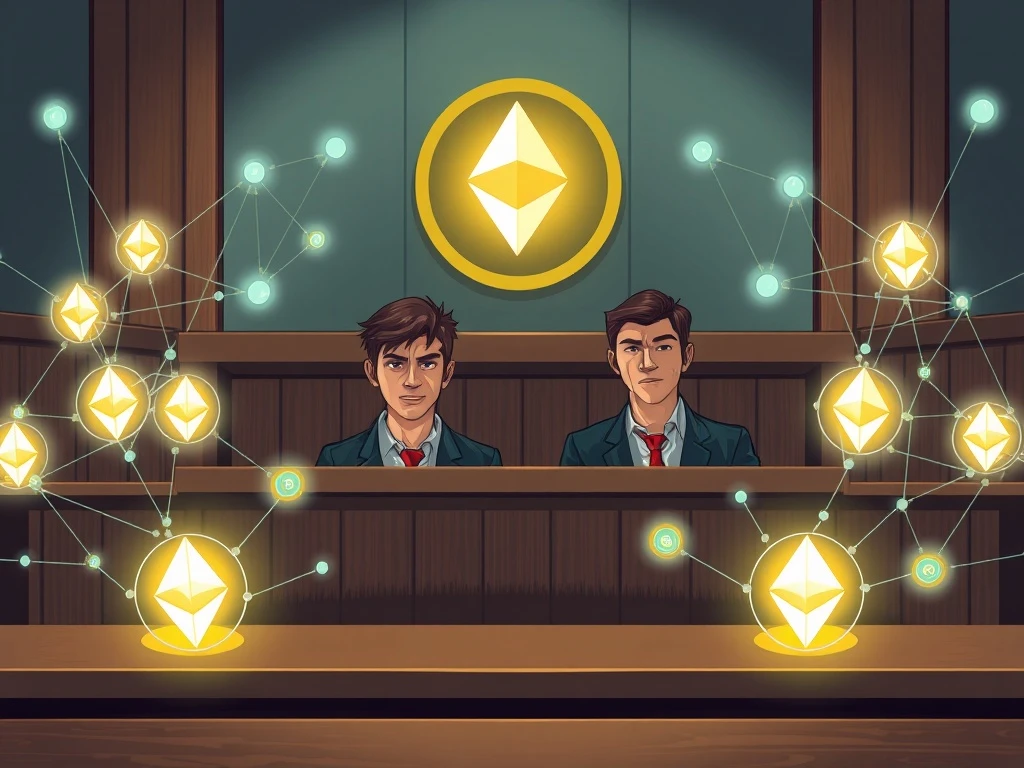 Courtroom scene illustrating the Ethereum MEV theft trial of the Peraire-Bueno brothers, highlighting blockchain security concerns.
