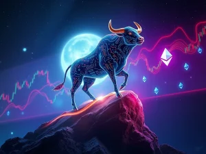 An exciting visual representing MoonBull crypto's whitelist driving FOMO in the Ethereum news and meme coin market rally.