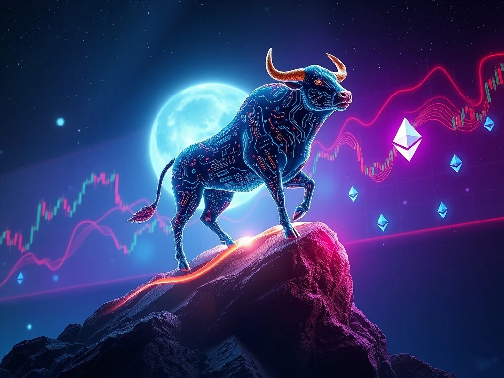 An exciting visual representing MoonBull crypto's whitelist driving FOMO in the Ethereum news and meme coin market rally.