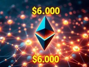 Ethereum blockchain network glowing with nodes representing its $60,000 valuation potential