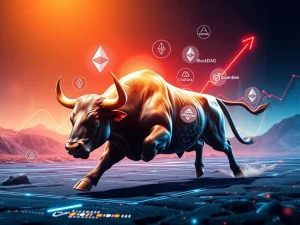 A bull symbolizing the crypto bull run charges through digital assets, representing BlockDAG, Ethereum, Solana, and Chainlink, highlighting positive Ethereum news and market growth.