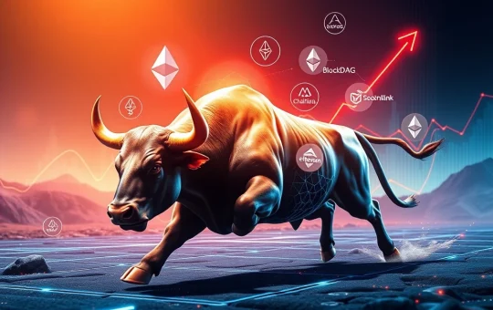 A bull symbolizing the crypto bull run charges through digital assets, representing BlockDAG, Ethereum, Solana, and Chainlink, highlighting positive Ethereum news and market growth.