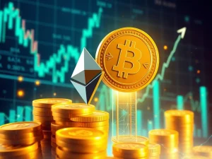 Ethereum and BNB coins surging with market charts in the background