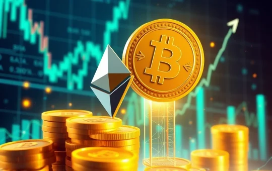 Ethereum and BNB coins surging with market charts in the background