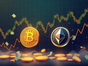 Bitcoin and Ethereum price charts with institutional money flows and dollar risks highlighted
