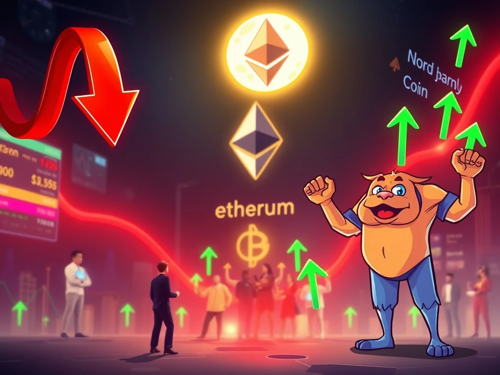 Visualizing the volatile crypto market, showing Cardano's decline, resilient meme coins, and the exciting launch of MoonBull's Ethereum-powered whitelist.
