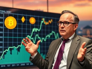 Jim Cramer on a financial news set, advocating for Bitcoin and Ethereum as a crucial crypto investment strategy against rising US debt.
