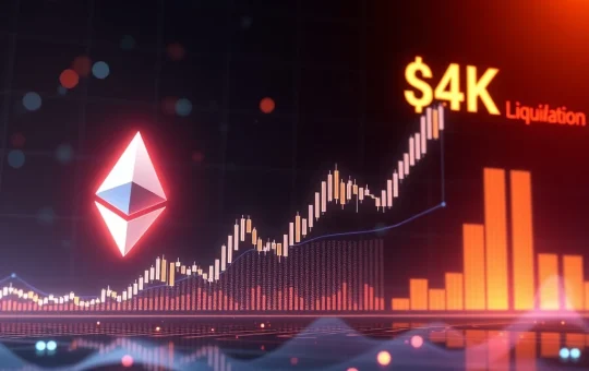 Ethereum price chart nearing $4K resistance with liquidation risk indicators