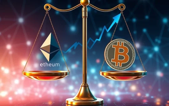 A digital scale showing Ethereum's spot volume surpassing Bitcoin, symbolizing a major crypto market shift in the latest Ethereum news.