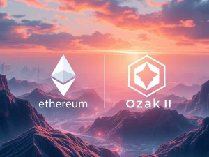 Ethereum and Ozak AI merging in a futuristic AI-blockchain landscape