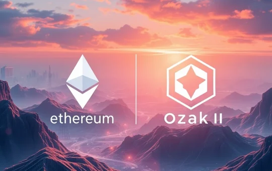 Ethereum and Ozak AI merging in a futuristic AI-blockchain landscape