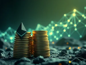 Ethereum institutional adoption and staking growth visualized with stacked ETH coins