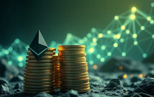 Ethereum institutional adoption and staking growth visualized with stacked ETH coins