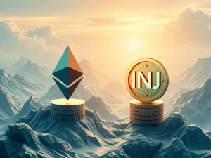 Ethereum and INJ tokens transforming into a staked ETF, symbolizing crypto innovation.