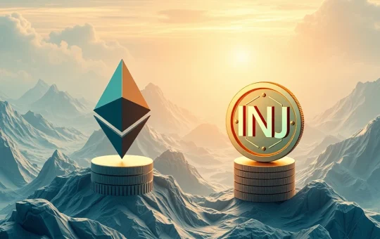 Ethereum and INJ tokens transforming into a staked ETF, symbolizing crypto innovation.