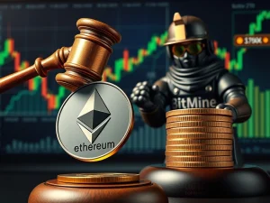 Ethereum news update showing a court gavel and a large stack of ETH coins, representing legal validation and significant institutional investment in Ethereum.