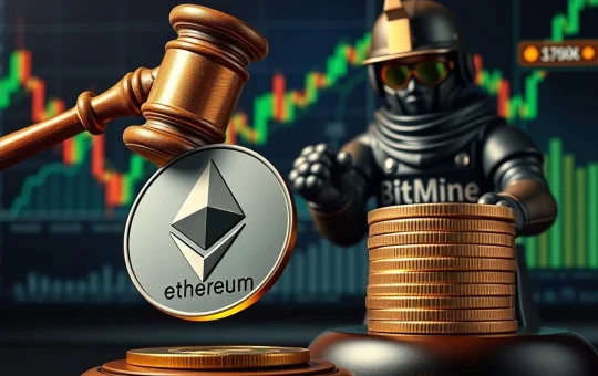 Ethereum news update showing a court gavel and a large stack of ETH coins, representing legal validation and significant institutional investment in Ethereum.