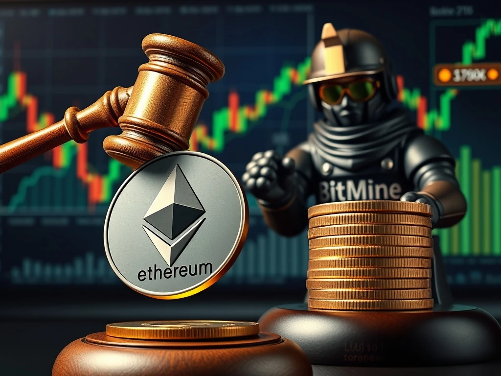 Ethereum news update showing a court gavel and a large stack of ETH coins, representing legal validation and significant institutional investment in Ethereum.