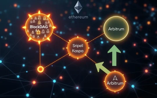 Visualizing the latest Ethereum news, showing BlockDAG's growing developer community, Kaspa's rapid transaction speeds, and Arbitrum's cross-chain asset flow.
