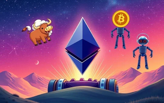 A dynamic illustration showing Ethereum's strength propelling a new wave of meme coins, highlighting MoonBull crypto's rise.
