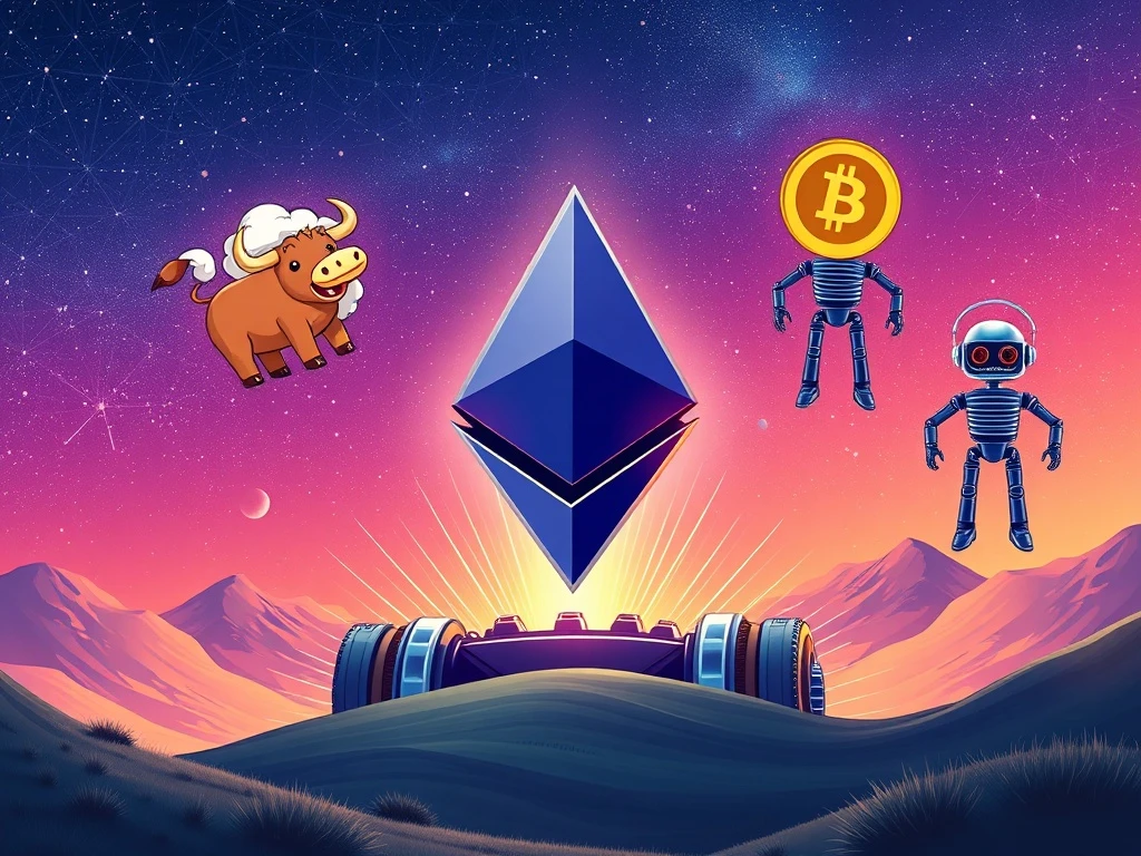 A dynamic illustration showing Ethereum's strength propelling a new wave of meme coins, highlighting MoonBull crypto's rise.