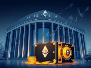 World Liberty Financial's strategic Ethereum News acquisition, showing a secure digital vault filled with ETH, symbolizing institutional crypto growth.
