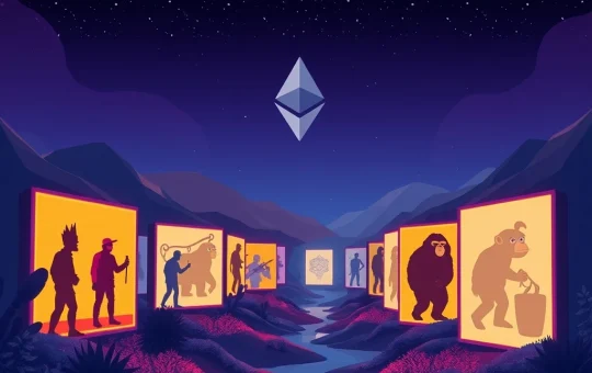 Abstract digital art depicting a rapid surge in NFT sales, featuring pixelated CryptoPunks figures rising against a backdrop of Ethereum blockchain elements, symbolizing the strong crypto market rally.