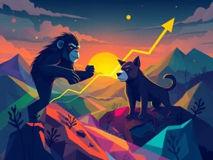 Dynamic visual representing the Ethereum NFTs market surge, with abstract ape and dog digital art symbols indicating significant price increases.