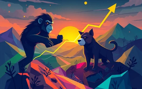 Dynamic visual representing the Ethereum NFTs market surge, with abstract ape and dog digital art symbols indicating significant price increases.