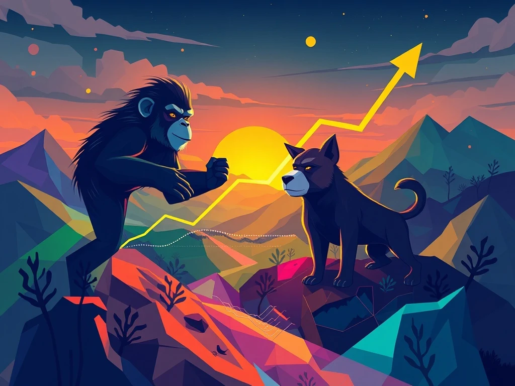 Dynamic visual representing the Ethereum NFTs market surge, with abstract ape and dog digital art symbols indicating significant price increases.