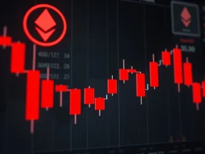 A red candlestick chart illustrating the sharp decline in Ethereum price on July 25, indicating a bearish trend in ETHUSDT.