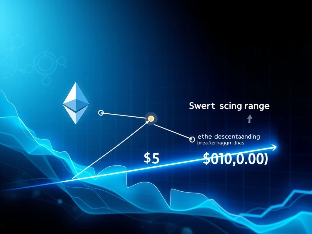 A bullish chart depicting the Ethereum price breaking out of a wedge pattern, targeting $8,000-$10,000, signaling potential growth.