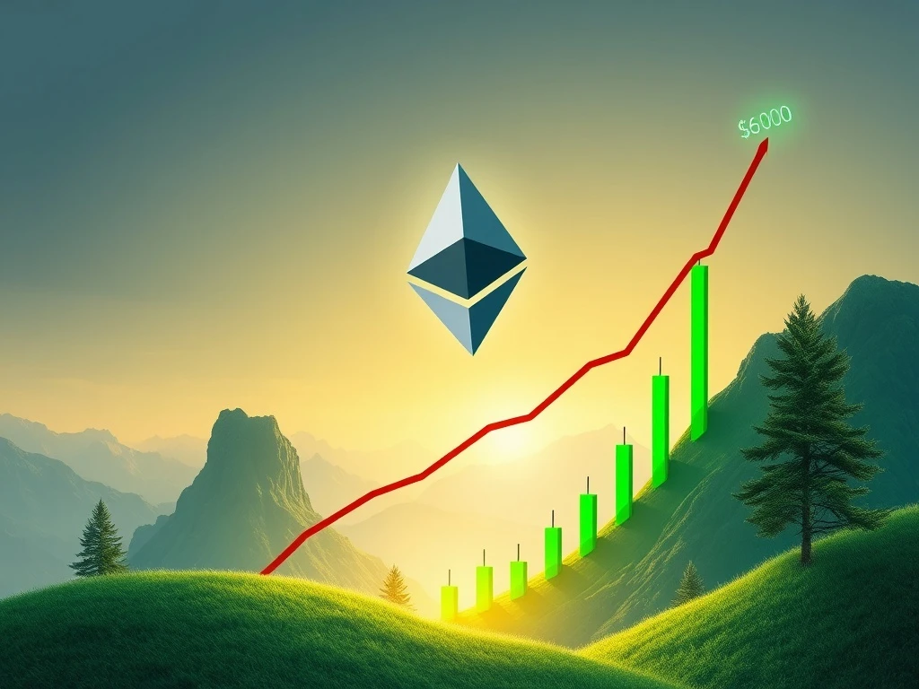 A visual representation of Ethereum price charts showing a strong ETH breakout with green upward arrows, indicating a potential surge towards a $6,000 target.