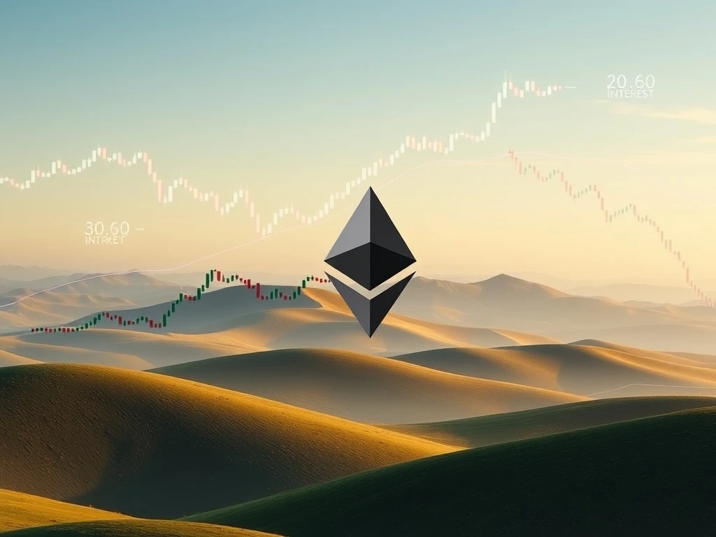 Chart showing Ethereum price consolidation and falling derivatives volume, indicating cautious market sentiment.