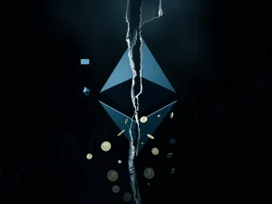 A cracked Ethereum logo symbolizing the DeFi fragility and Ethereum price correction caused by a major whale withdrawal.