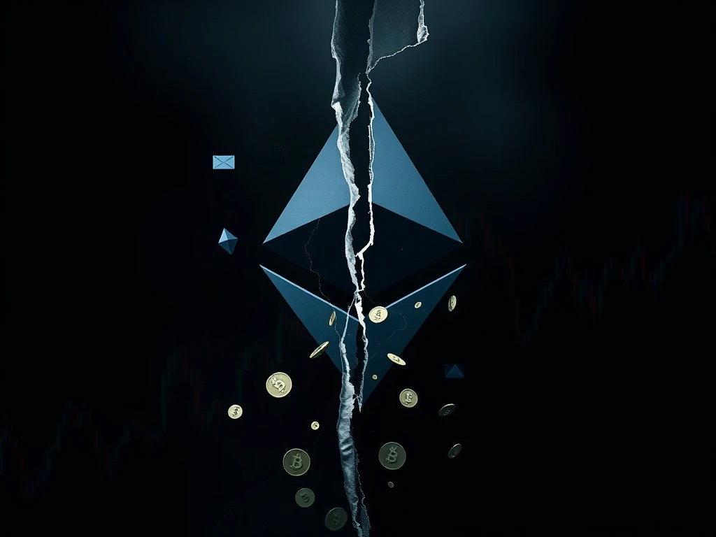 A cracked Ethereum logo symbolizing the DeFi fragility and Ethereum price correction caused by a major whale withdrawal.