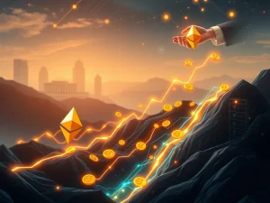 Chart showing a rapid increase in Ethereum price, with digital representations of institutional investments and ETF inflows driving the surge.