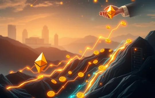 Chart showing a rapid increase in Ethereum price, with digital representations of institutional investments and ETF inflows driving the surge.