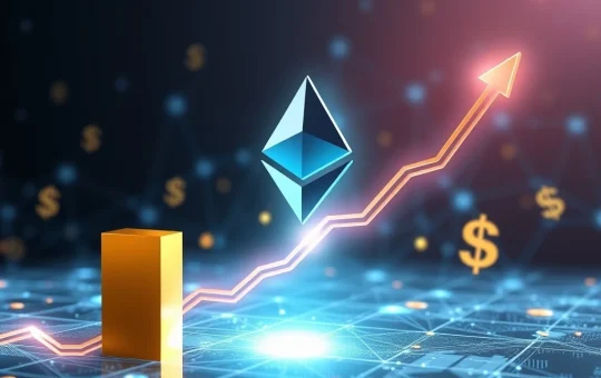 A visual representation of Ethereum price growth, with an upward trendline and blockchain elements, hinting at the $8K ETH price prediction.