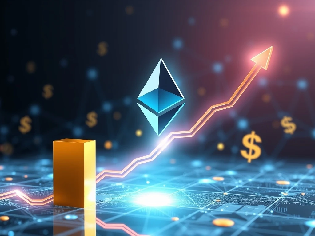 A visual representation of Ethereum price growth, with an upward trendline and blockchain elements, hinting at the $8K ETH price prediction.