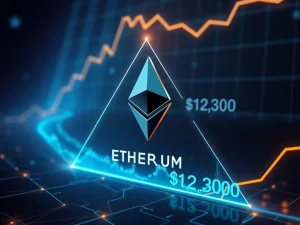A chart showing an Ethereum (ETH) symmetrical triangle breakout, illustrating the bullish Ethereum price prediction towards a $12K target.