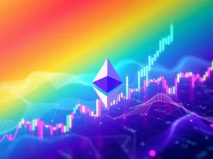 A colorful Ethereum Rainbow Chart forecasting an astonishing Ethereum price prediction, showing growth potential.