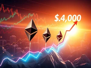 Chart showing Ethereum price surge towards $4,000, driven by robust institutional ETF inflows and market confidence.