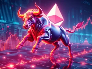 A bullish Ethereum price chart showing a rapid ascent, representing the potential for ETH to reach $9,000 by 2026.