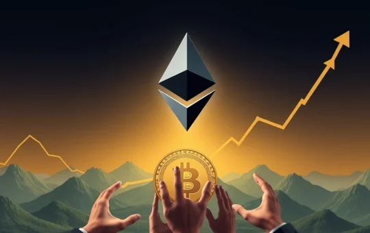 A chart showing a significant Ethereum price surge, with institutional hands reaching towards it, symbolizing growing institutional adoption.
