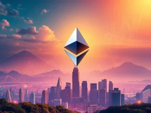 A visual representation of the Ethereum price surge, showing an ETH logo rising dramatically amidst charts and institutional growth.
