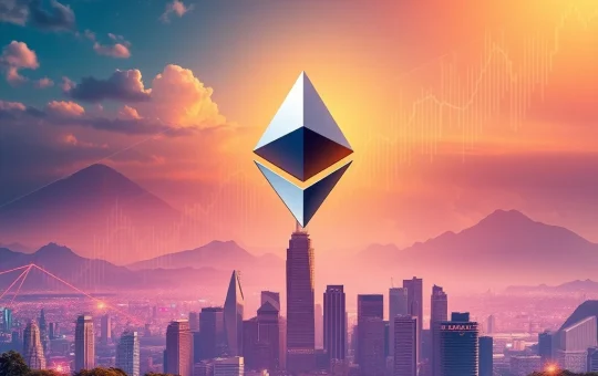 A visual representation of the Ethereum price surge, showing an ETH logo rising dramatically amidst charts and institutional growth.