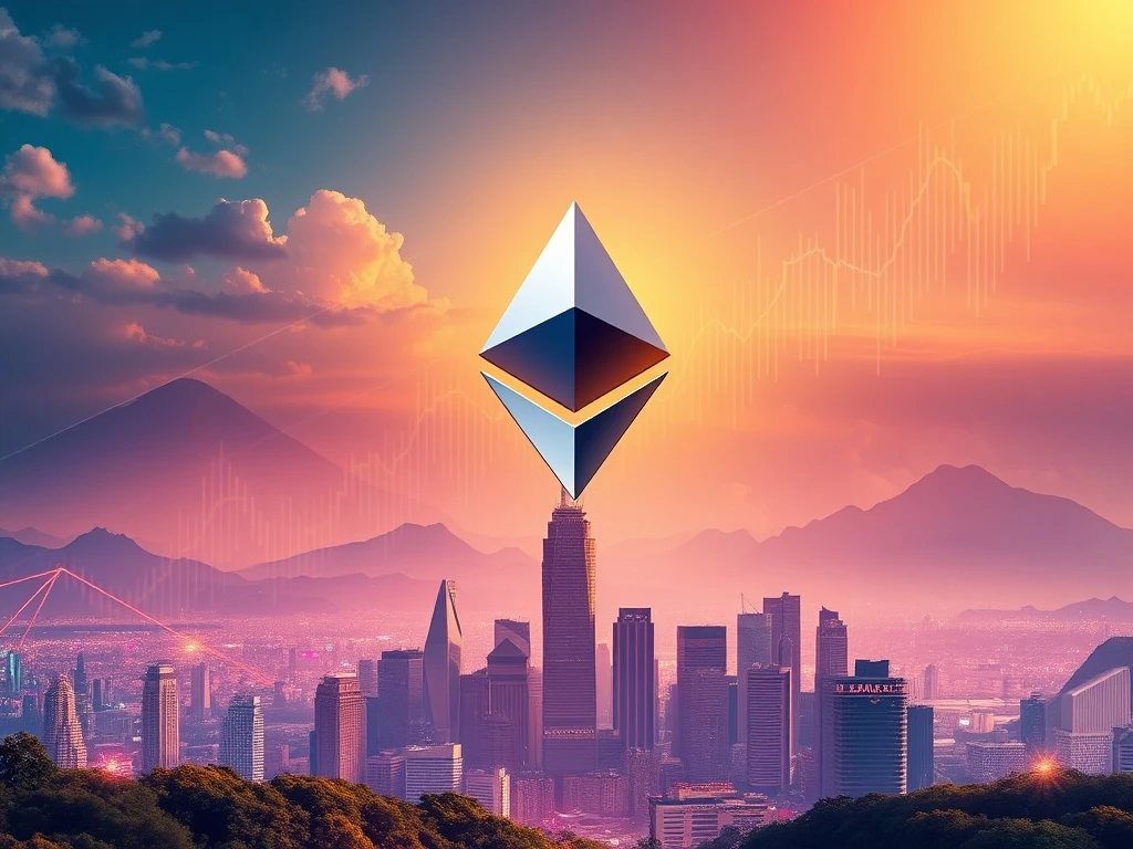 A visual representation of the Ethereum price surge, showing an ETH logo rising dramatically amidst charts and institutional growth.