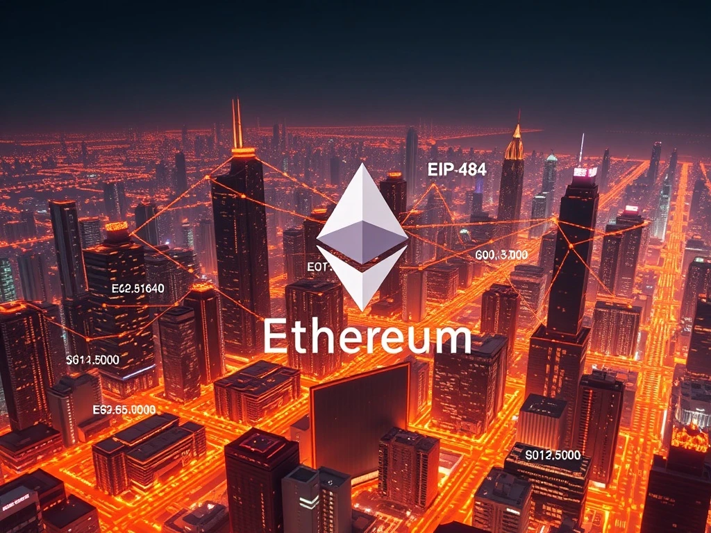 Depicts Ethereum's scalability advancements, showing EIP-4844 blobs and Layer-2 networks accelerating transactions and fueling Ethereum price growth.